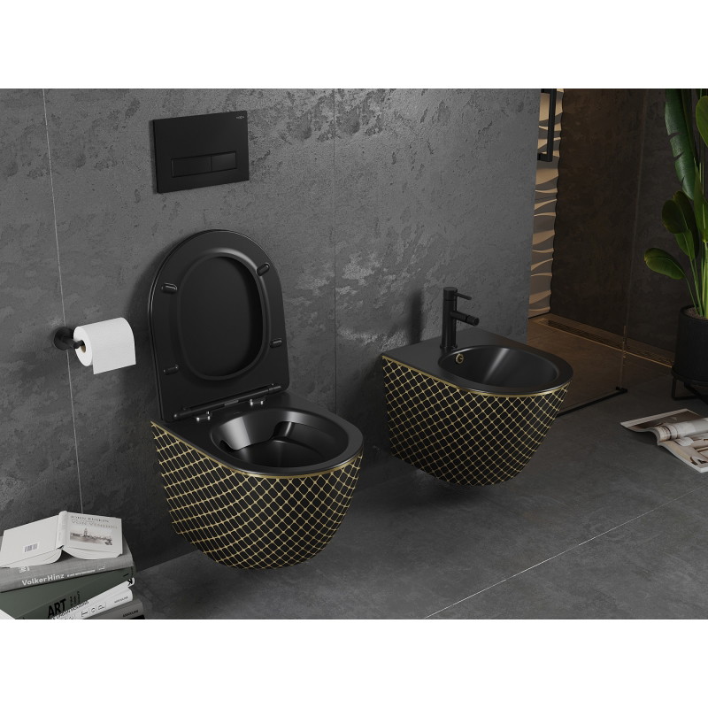 Mexen Lena Rimless WC bowl with soft-close slim seat, duroplast, black matte/gold grid pattern - 30224079