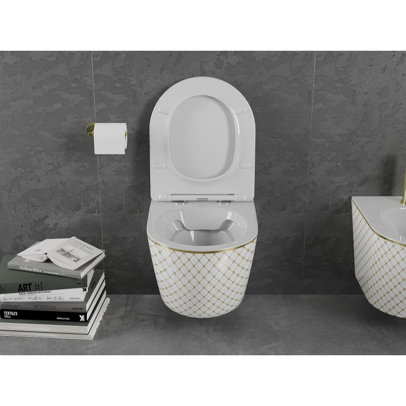 Mexen Lena Rimless WC bowl with slim soft-close seat, duroplast, white/gold check pattern - 30224009