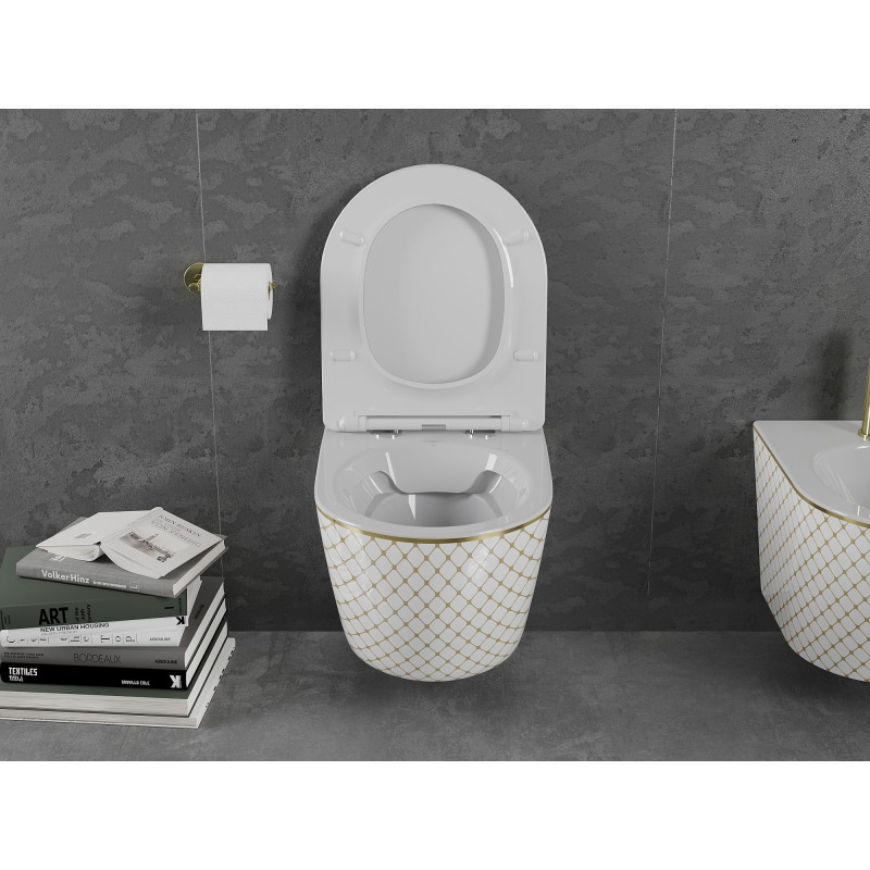 Mexen Lena Rimless WC Bowl with Soft-Close Slim Seat, Duroplast, White/Gold Check Pattern - 30224009