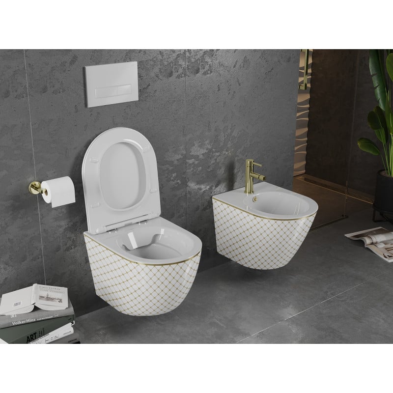 Mexen Lena Rimless WC bowl with slow-closing slim seat, duroplast, white/gold check pattern - 30224009