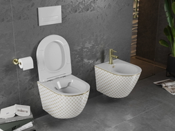 Mexen Lena Rimless WC bowl with slim soft-close seat, duroplast, white/gold check pattern - 30224009