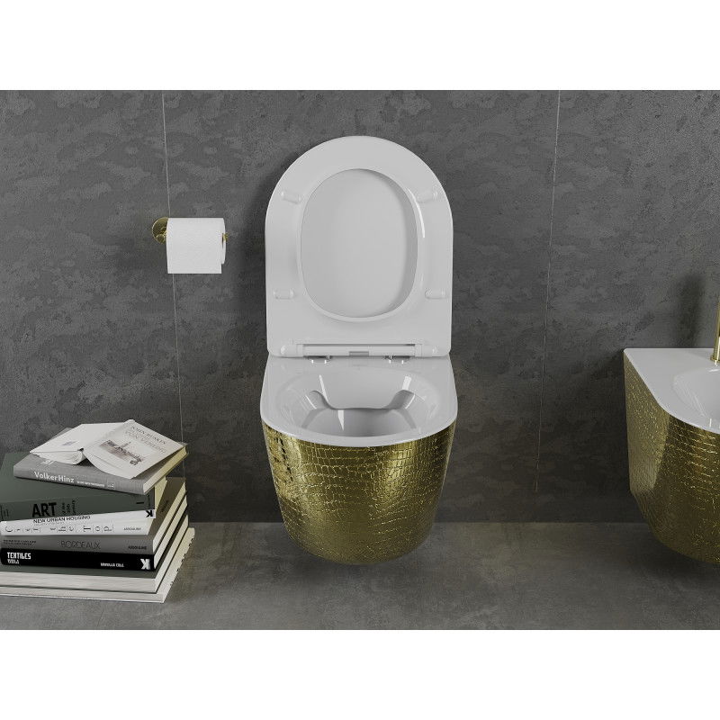 Mexen Lena Rimless WC Bowl with Soft-Close Slim Seat, Duroplast, White/Gold Scale Pattern - 30224008