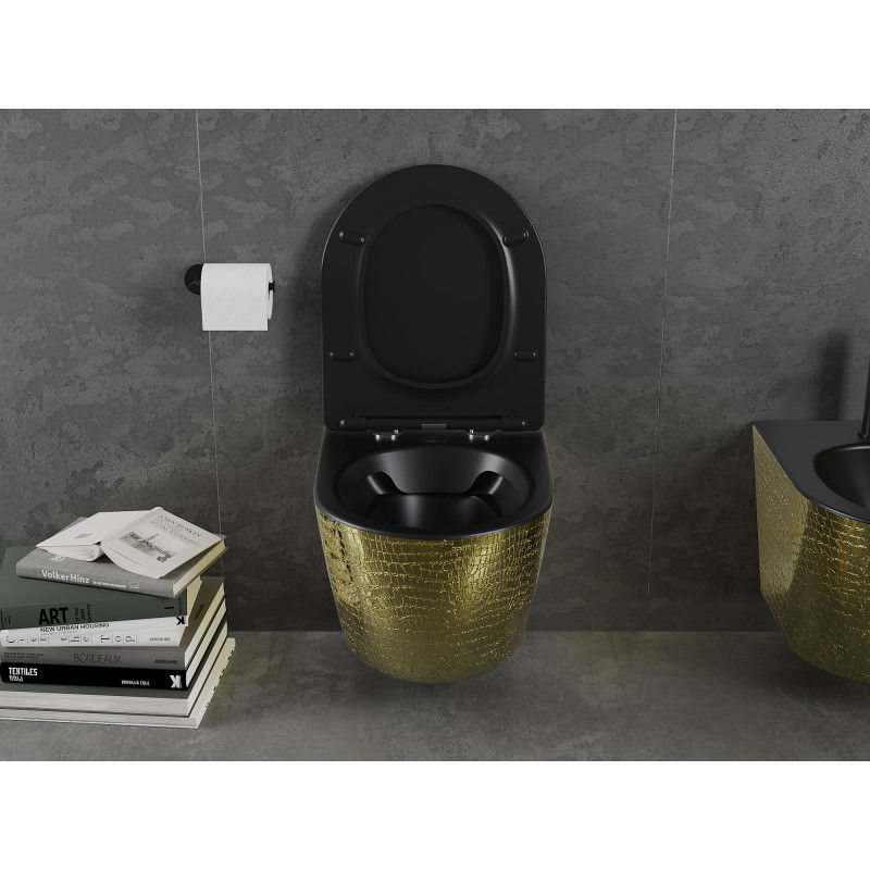 Mexen Lena Rimless WC bowl with slow-closing slim seat, duroplast, black matte/gold scale pattern - 30224078