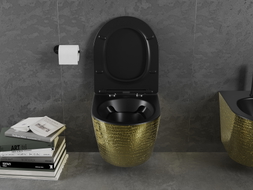 Mexen Lena Rimless WC Bowl with Slow-Close Slim Seat, Duroplast, Black Matte/Gold Scale Pattern - 30224078