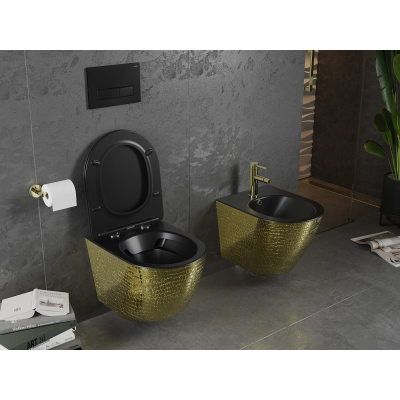 Mexen Lena Rimless WC Bowl with Slow-Close Slim Seat, Duroplast, Black Matte/Gold Scale Pattern - 30224078