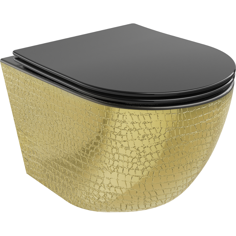 Mexen Lena Rimless WC Bowl with Slow-Close Slim Seat, Duroplast, Black Matte/Gold Scale Pattern - 30224078