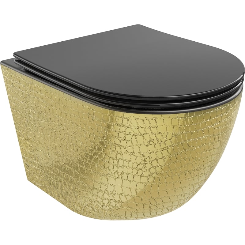 Mexen Lena Rimless WC Bowl with Soft-Close Slim Seat, Duroplast, Black Matte/Golden Scale Pattern - 30224078