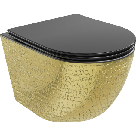 Mexen Lena Rimless toilet bowl with a slim soft close toilet seat, duroplast, Black matt/gold scales pattern - 30224078