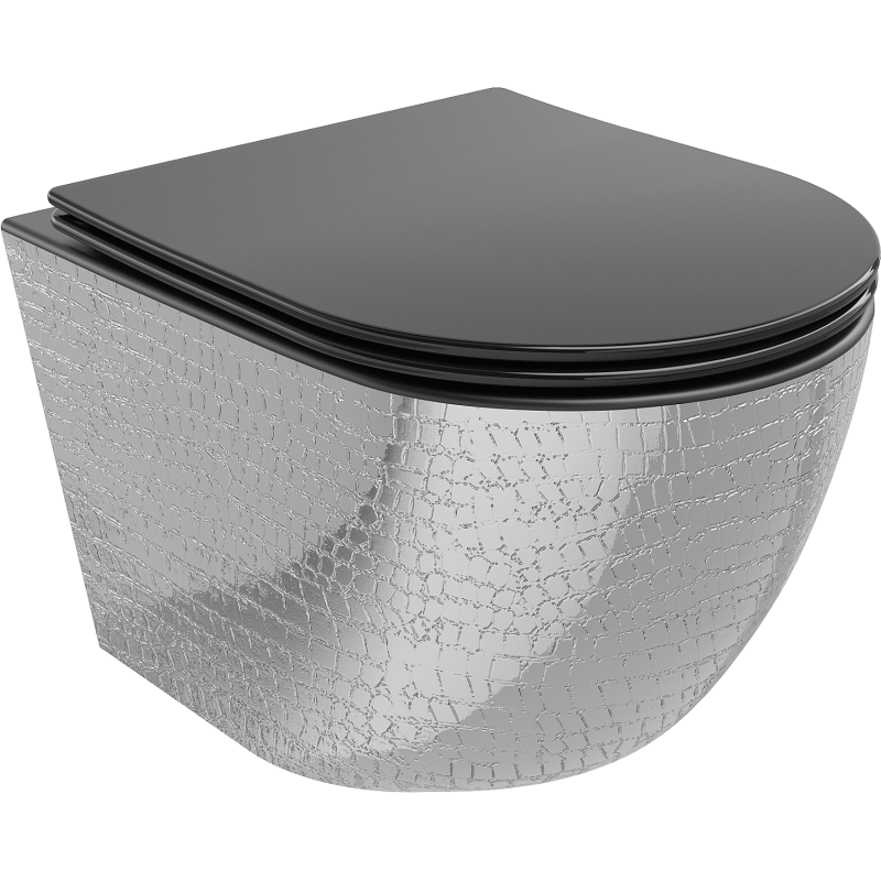 Mexen Lena Rimless toilet bowl with a slim soft close toilet seat, duroplast, Black matt/silver scales pattern - 30224072