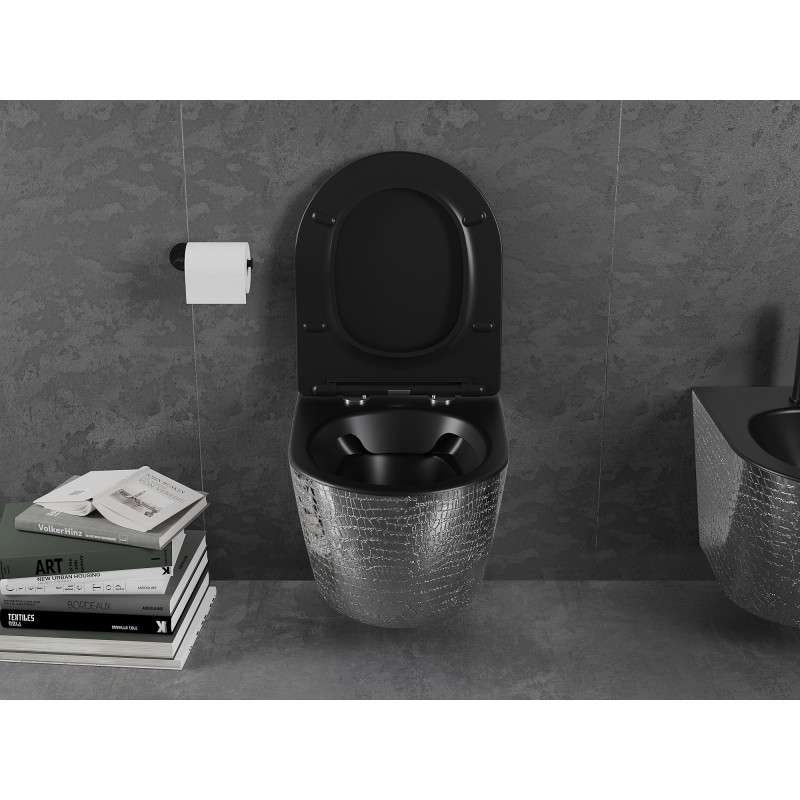 Mexen Lena Rimless WC Bowl with Slim Soft-Close Seat, Duroplast, Black Matte/Silver Scale Pattern - 30224072