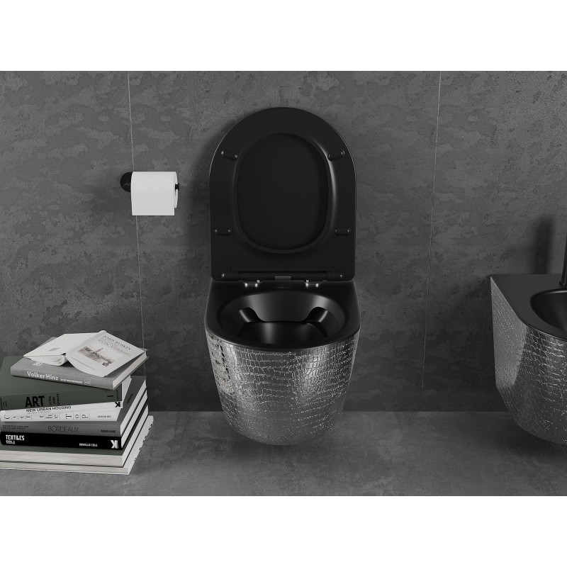 Mexen Lena Rimless WC bowl with slow-close slim seat, duroplast, black matte/silver scale pattern - 30224072