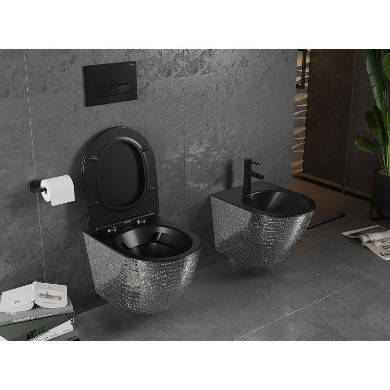 Mexen Lena Rimless Toilet Bowl with Slim Soft-Close Seat, Duroplast, Black Matte/Silver Scale Pattern - 30224072