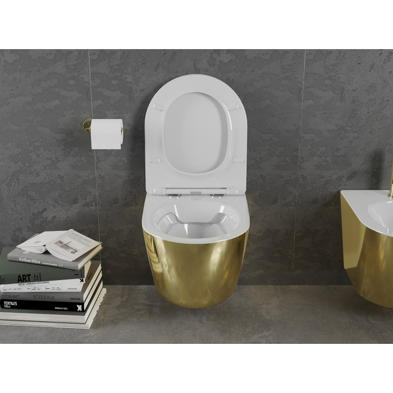 Mexen Lena Rimless WC bowl with slow-close slim seat, duroplast, white/gold - 30224006