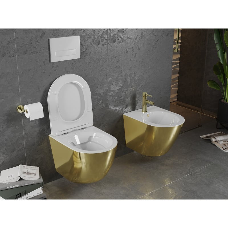 Mexen Lena rimless toilet bowl with slow-closing slim seat, duroplast, white/gold - 30224006