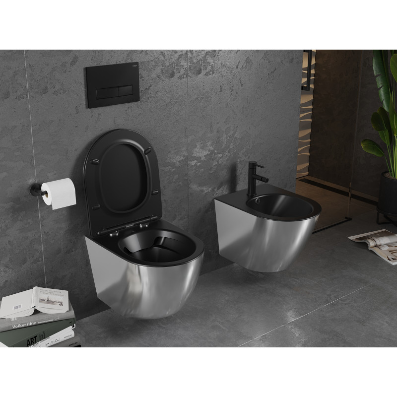 Mexen Lena Rimless Toilet Bowl with Soft-Close Slim Seat, Duroplast, Matte Black/Silver - 30224074