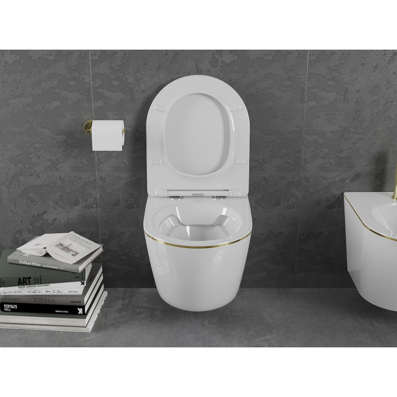 Mexen Lena rimless toilet bowl with soft-close slim seat, duroplast, white/gold line - 30224005