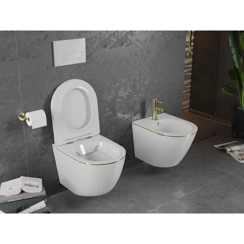 Mexen Lena Rimless WC Bowl with Slim Soft-Close Seat, Duroplast, White/Gold Line - 30224005