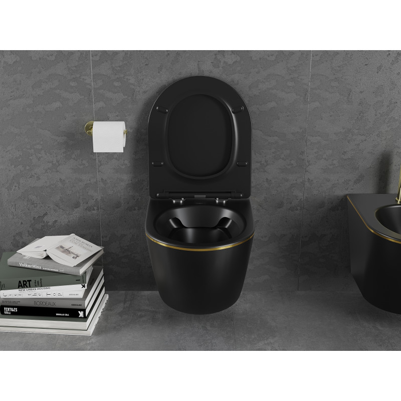 Mexen Lena Rimless WC bowl with slim soft-close duroplast seat, black matte/gold line - 30224075