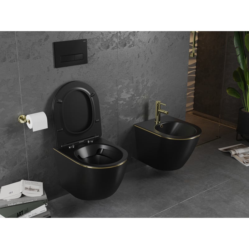 Mexen Lena Rimless WC Bowl with Soft Close Slim Seat, Duroplast, Black Matte/Gold Line - 30224075