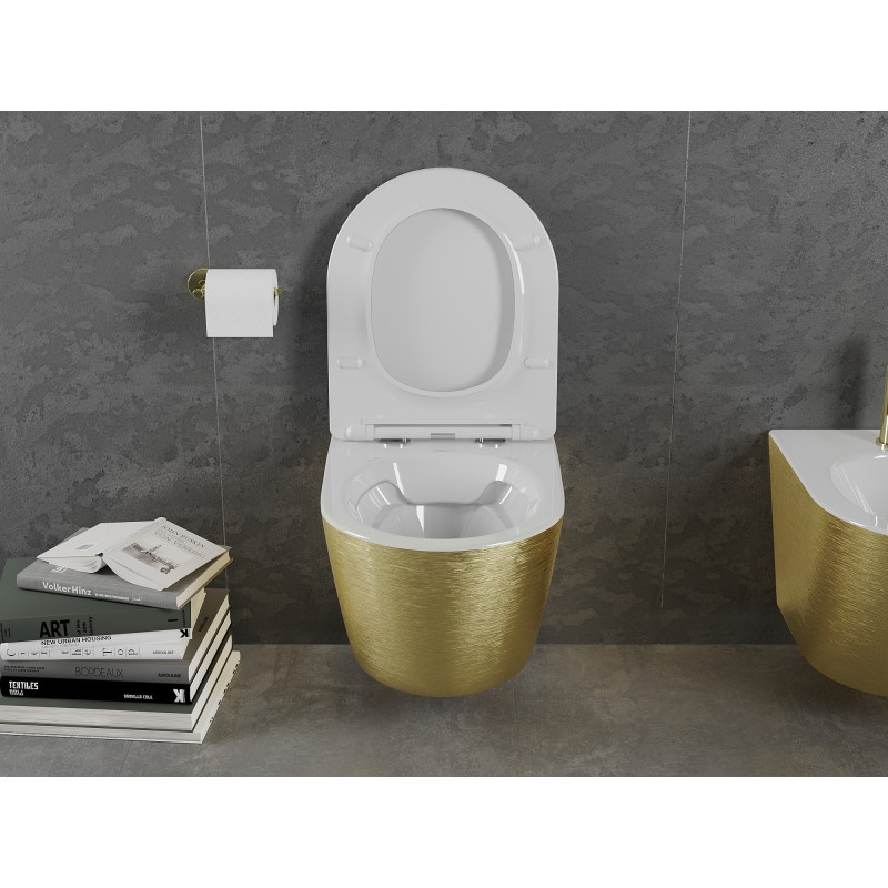 Mexen Lena Rimless WC Bowl with Slow-Close Slim Seat, Duroplast, White/Gold Line Pattern - 30224007
