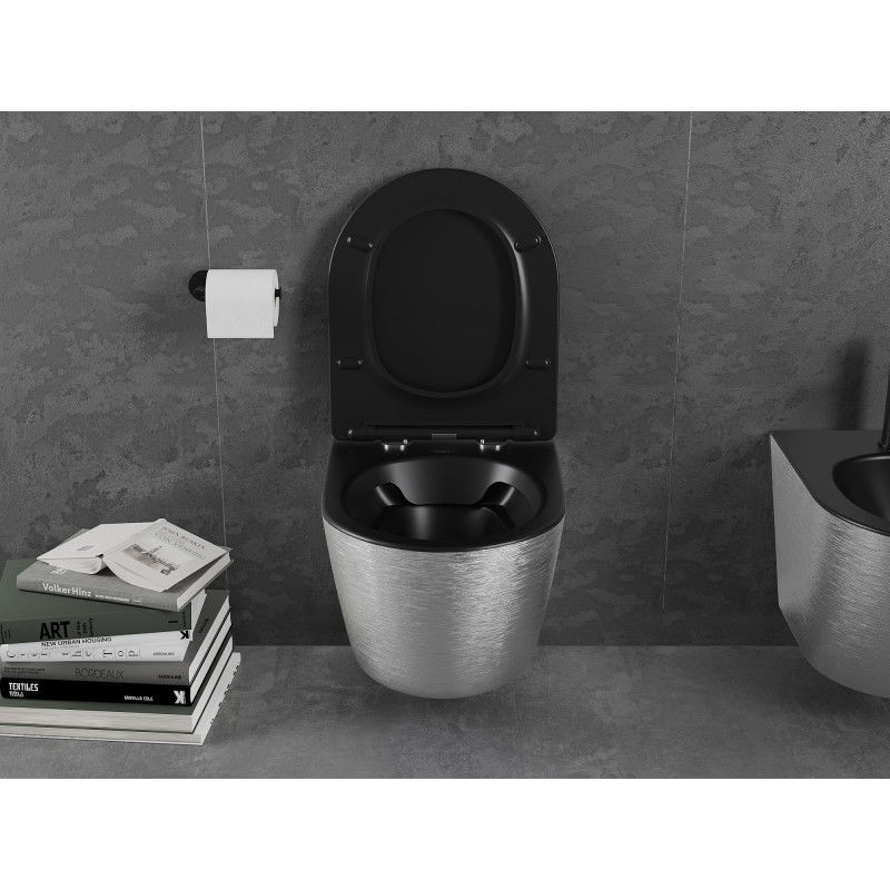 Mexen Lena Rimless WC Bowl with Soft-Close Slim Seat, Duroplast, Black Matte/Silver Line Pattern - 30224073