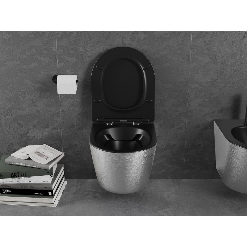 Mexen Lena rimless WC bowl with soft-close slim seat, duroplast, black matte/silver pattern lines - 30224073