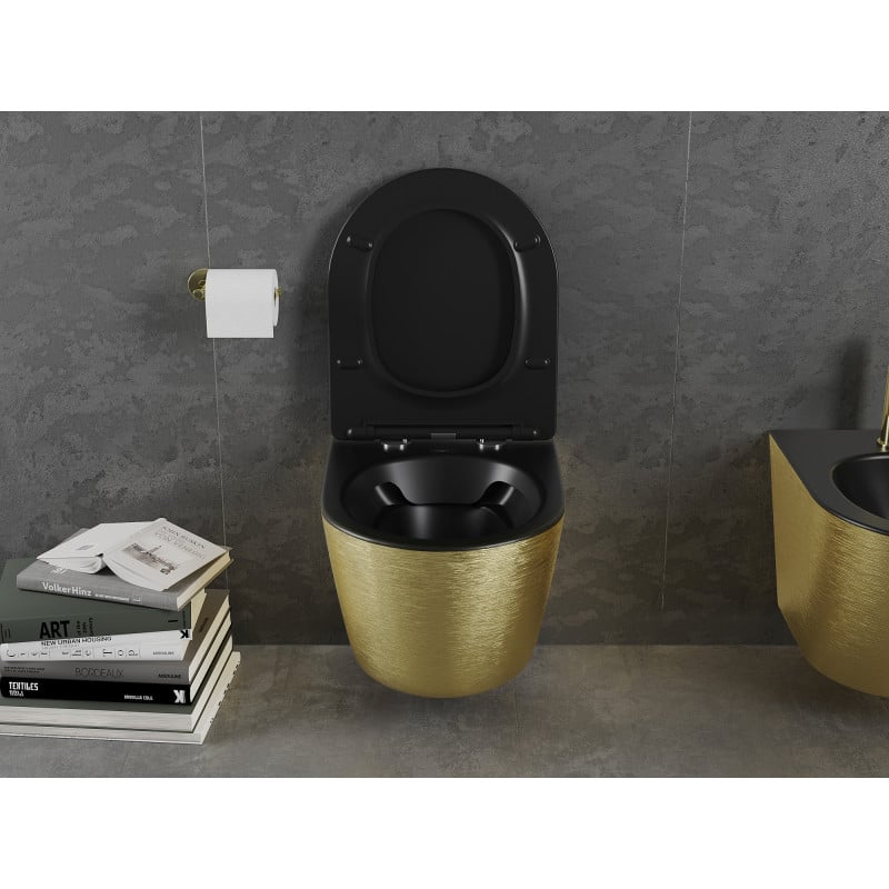 Mexen Lena rimless toilet bowl with slim soft-close seat, duroplast, matte black/gold line pattern - 30224077