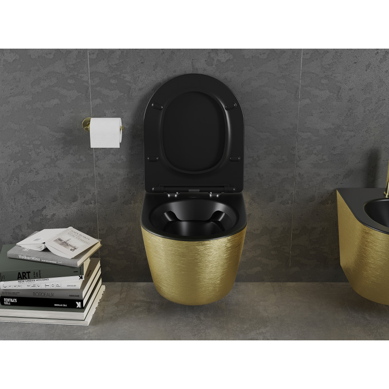 Mexen Lena Rimless WC Bowl with Soft-Close Slim Seat, Duroplast, Matte Black/Gold Line Pattern - 30224077