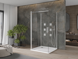 Mexen Omega extendable 3-walled shower cubicle 100 x 100 cm, transparent, Chrome + shower tray Flat - 825-100-100-01-00-3s-4010