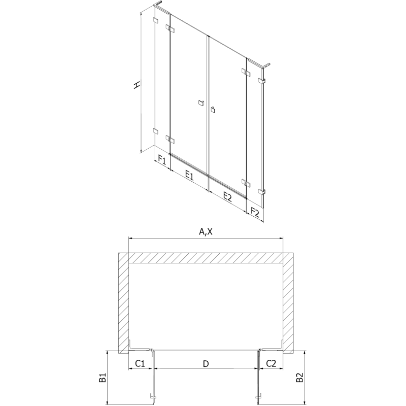 Mexen Lunar L Duo 200 cm Hinged Shower Door, Transparent, Brushed Copper - 834DL-200-000-65-00