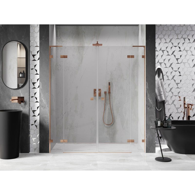 Mexen Lunar L Duo 200 cm Hinged Shower Door, Transparent, Brushed Copper - 834DL-200-000-65-00