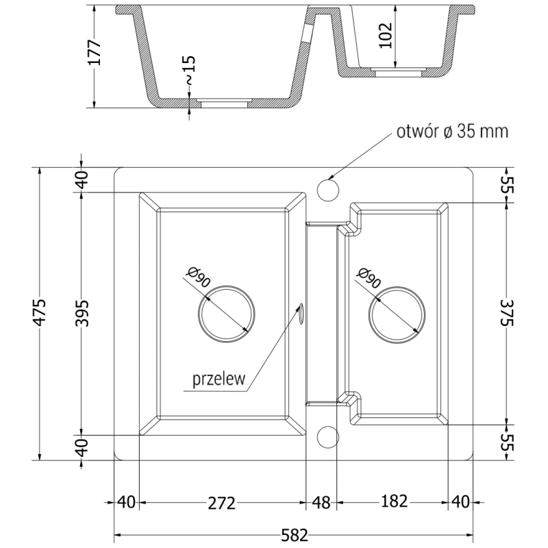 Mexen Carlos 1.5-bowl granite sink 582 x 475 mm, black, with chrome siphon - 6518581500-77