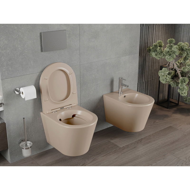 Mexen Rico rimless toilet bowl with soft-closing slim seat, duroplast, matte cappuccino - 30724064