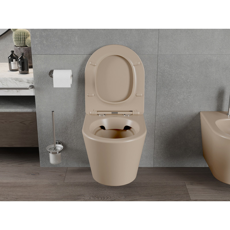 Mexen Rico Rimless WC bowl with slim soft-close seat, duroplast, matte cappuccino - 30724064