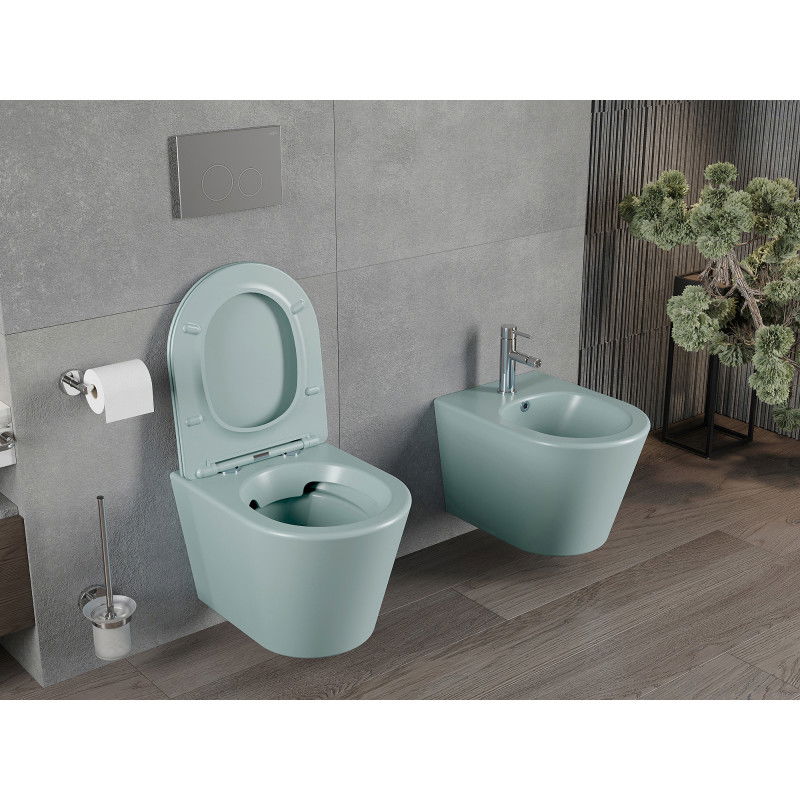 Mexen Rico rimless toilet bowl with slow-close slim seat, duroplast, light green matte - 30724048