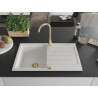 Mexen Bruno 1-bowl granite sink with drainer 795 x 495 mm, white, gold siphon - 6513791010-20-G