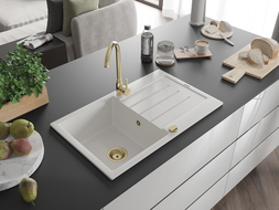 Mexen Bruno 1-compartment granite sink with a drip tray 795 x 495 mm, White, siphon Gold - 6513791010-20-G