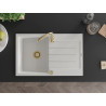 Mexen Bruno 1-bowl granite sink with drainer 795 x 495 mm, white, gold siphon - 6513791010-20-G