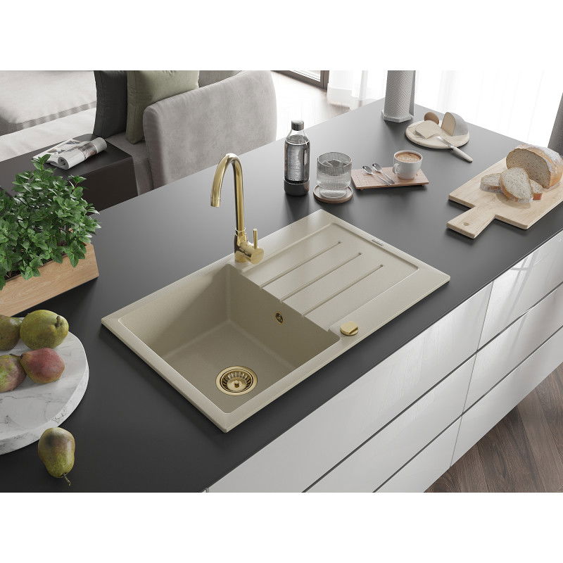 Mexen Bruno 1-bowl granite sink with drainer 795 x 495 mm, beige, gold siphon - 6513791010-69-G