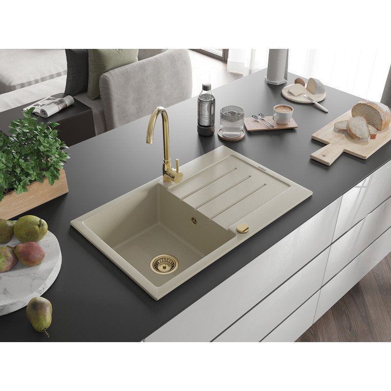 Mexen Bruno granite sink 1-bowl with drainer 795 x 495 mm, beige, gold siphon - 6513791010-69-G