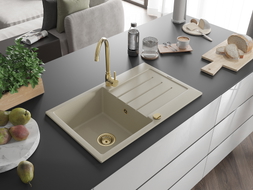 Mexen Bruno granite sink 1-bowl with drainer 795 x 495 mm, beige, golden siphon - 6513791010-69-G