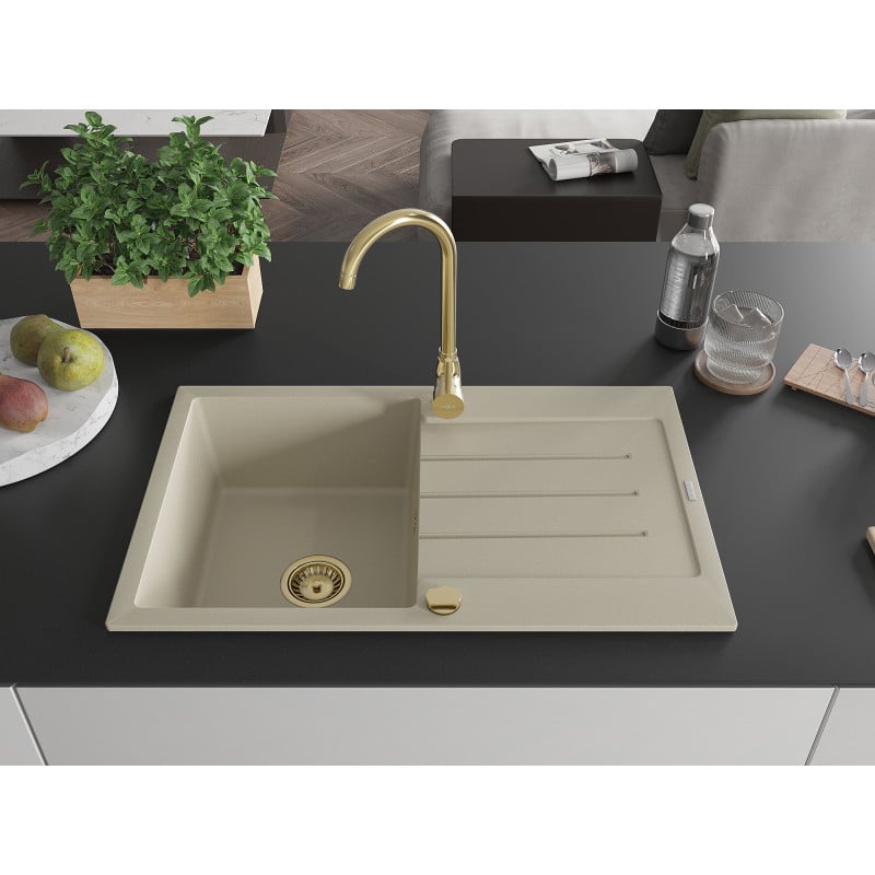 Mexen Bruno 1-bowl granite sink with drainer 795 x 495 mm, beige, gold siphon - 6513791010-69-G