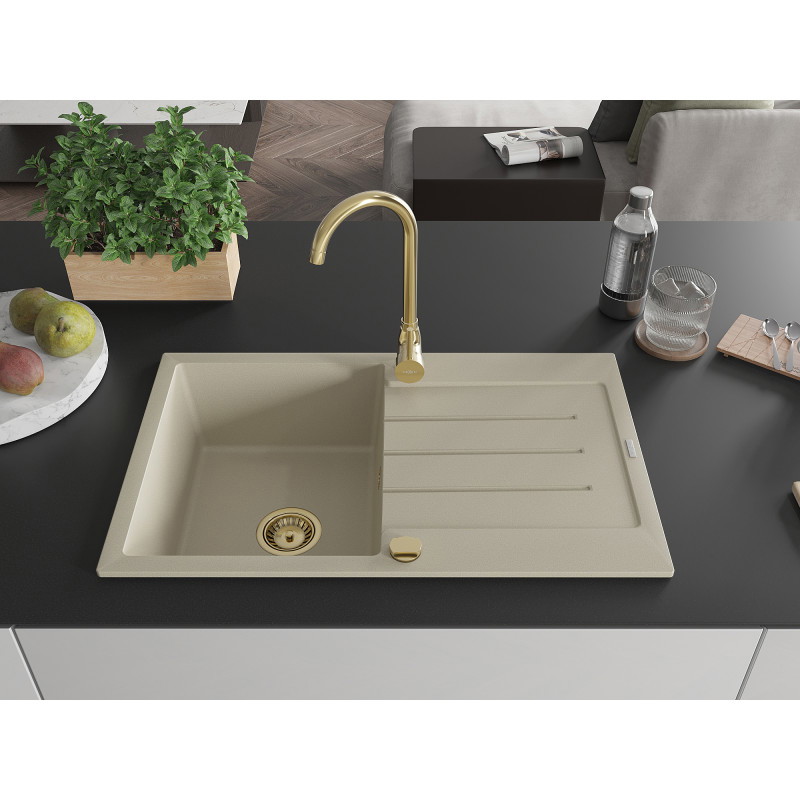 Mexen Bruno granite sink 1-bowl with drainer 795 x 495 mm, beige, gold siphon - 6513791010-69-G