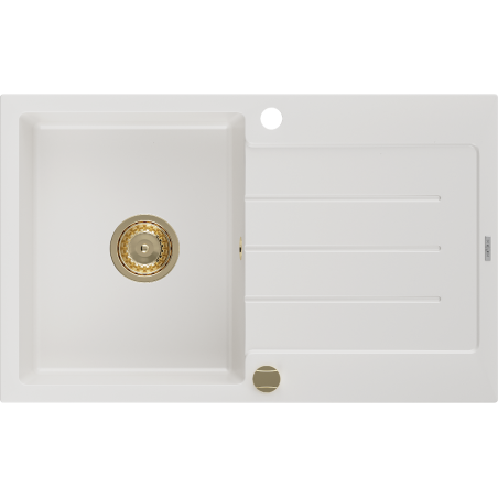 Mexen Bruno 1-compartment granite sink with a drip tray 795 x 495 mm, White, siphon Gold - 6513791010-20-G