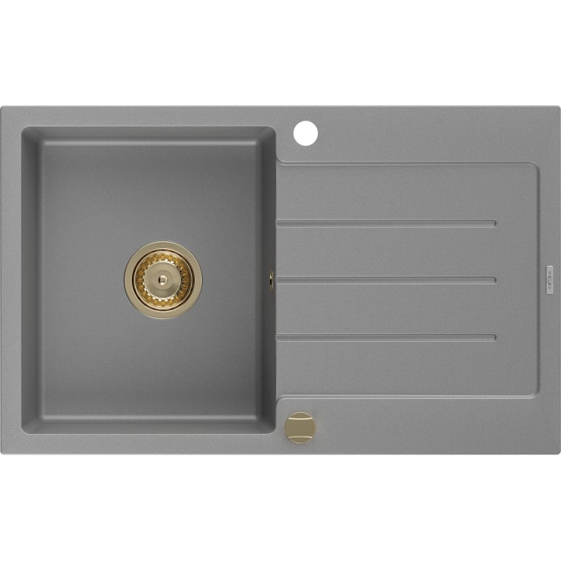 Mexen Bruno 1-Bowl Granite Sink with Drainer 795 x 495 mm, Gray, Gold Siphon - 6513791010-71-G