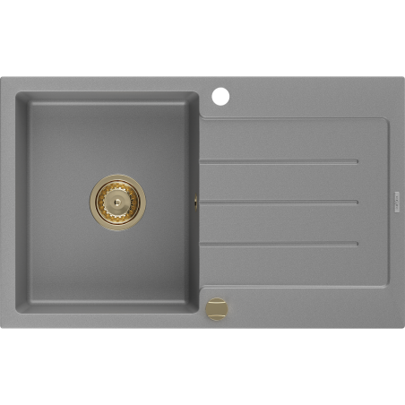 Mexen Bruno 1-compartment granite sink with a drip tray 795 x 495 mm, Grey, siphon Gold - 6513791010-71-G