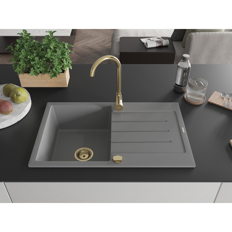 Mexen Bruno 1-Bowl Granite Sink with Drainer 795 x 495 mm, Gray, Gold Siphon - 6513791010-71-G
