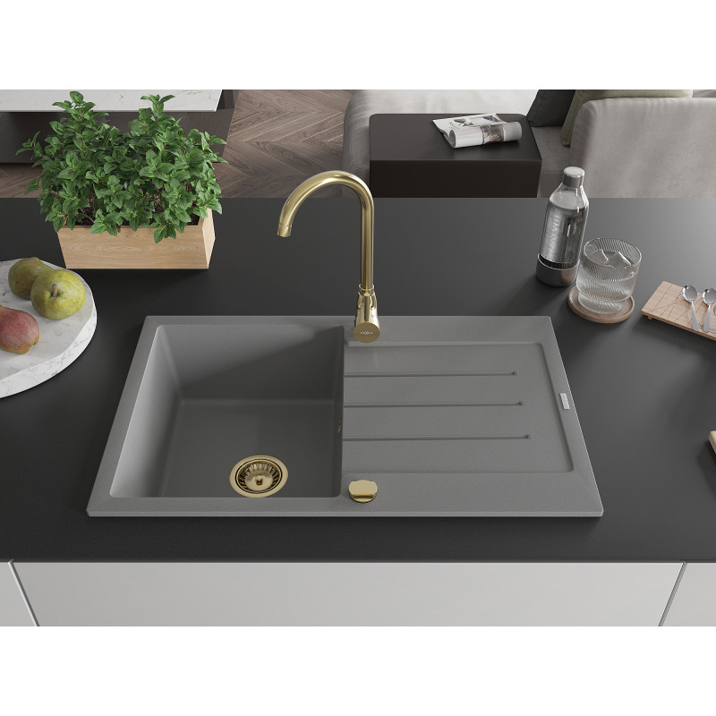 Mexen Bruno single-bowl granite sink with drainer 795 x 495 mm, gray, gold siphon - 6513791010-71-G