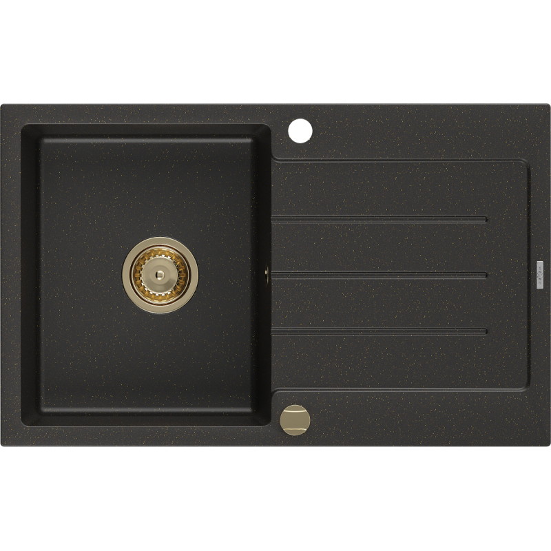 Mexen Bruno 1-bowl granite sink with drainer 795 x 495 mm, black/gold metallic, gold siphon - 6513791010-75-G