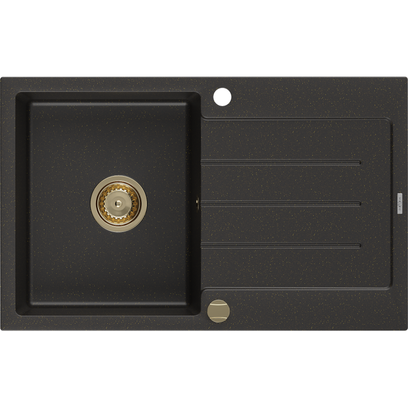 Mexen Bruno single-bowl granite sink with drainer 795 x 495 mm, black/gold metallic, gold siphon - 6513791010-75-G